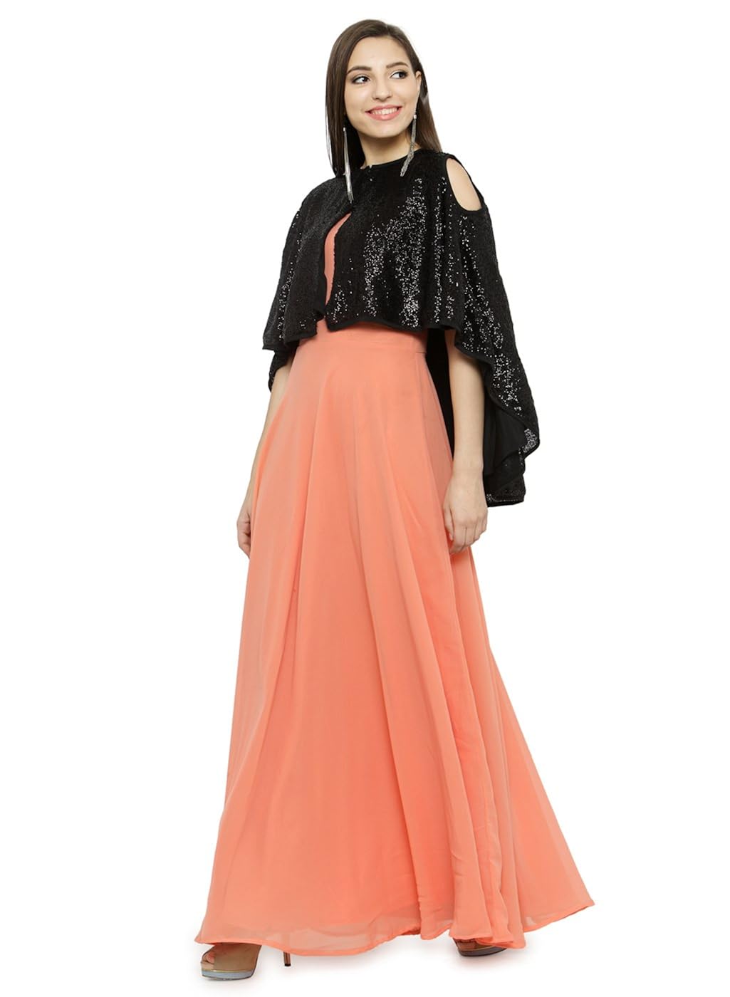 just wow peach & black poly georgette women's dress (jw811)