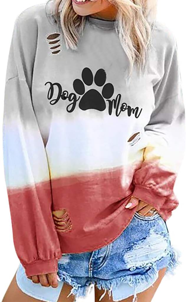 Rockia Graphic Sweatshirts for Women Funny Fall Long Sleeve Shirts Dog MOM Letter Print Tunic T-Shirt Tops Blouse Tee