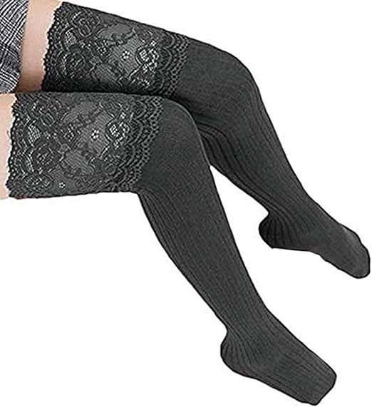 Womens Winter Cable Knit Lace Over Knee Socks Thigh High Cotton Socks Black At Amazon Women S Clothing Store