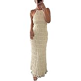 Figdaw Women's Sexy Halter Neck Maxi Dress Sleeveless Backless Ruffle Flowy Vacation Formal Long Dresses