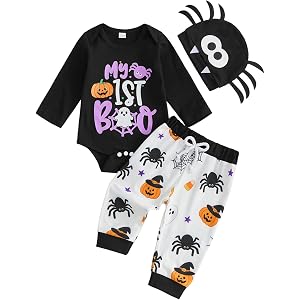 Bagilaanoe Newborn Baby Boy First Halloween Outfit Ghost Pumpkin Printed Long Sleeve Romper and Pants Hat 3PCS Set
