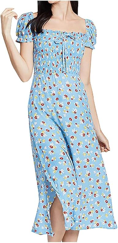 square collar printed puff sleeve midi dress