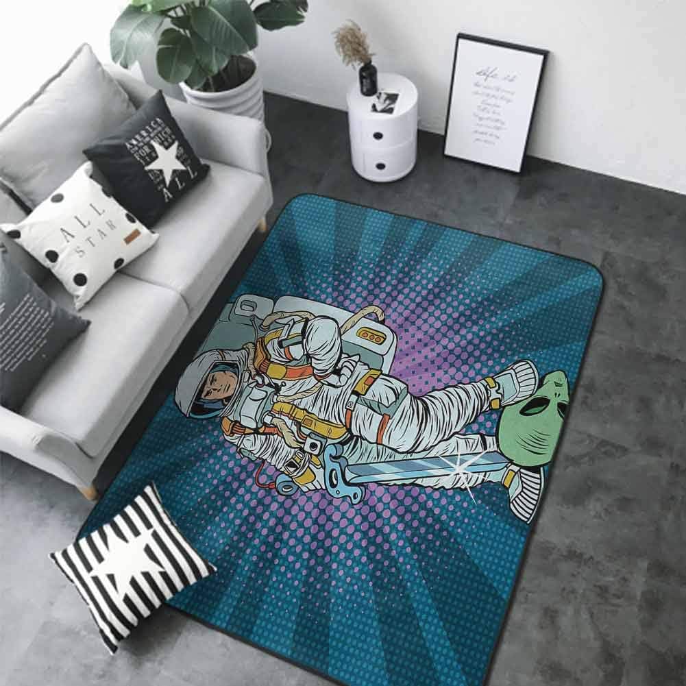 Anti-Fatigue Comfort Mat Astronaut,Galaxy Warrior with Sword and Severed Alien Head Masculine Space Era Fighters,Teal Coconut 63 x 48 in Kids Rugs