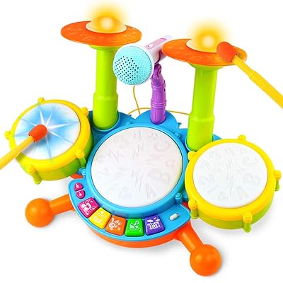 Fajiabao Drum Set for Kids Electric Musical Instruments Toy with 2 Drum Sticks Adjustable Microphone and Music Lights Indoor Family Games Early Learning Birthday for Boys Girls Children