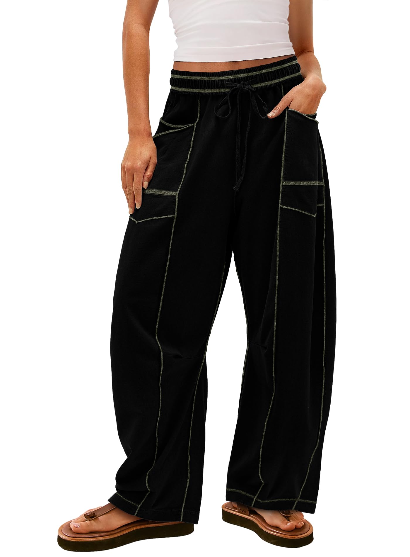 Photo 1 of Yanekop Womens Baggy Wide Leg Pants Casual Fall Trousers Palazzo Pants Drawstring Waist Barrel Sweatpants with Pockets(Black,M)