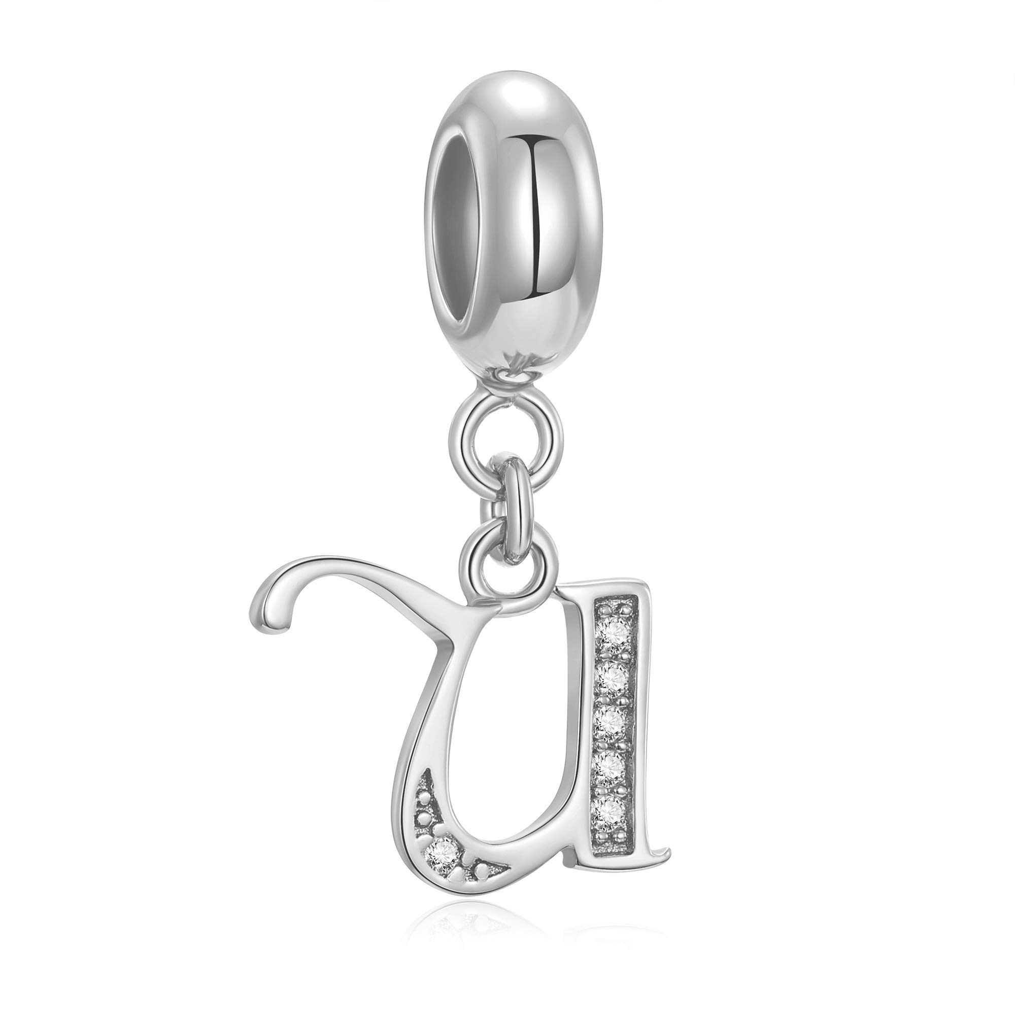 Genuine 925 Sterling Silver Letter Beads Initial A-z Dangle Alphabet Crystal Charm Fits European Bracelet Necklace (Letter U)