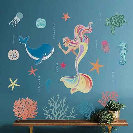 Decalmile Stickers Muraux Sirene Autocollant Mural Sous Marine Baleine Corail Decoration Murale Chambre Bebe Fille Enfant Pepiniere Salle De Bain Amazon Fr Cuisine Maison
