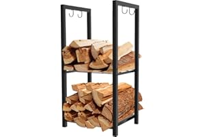 Koutemie 2 Tiers Small Firewood Log Storage Rack Holder for Indoor Fireplace or Outdoor Patio, Black