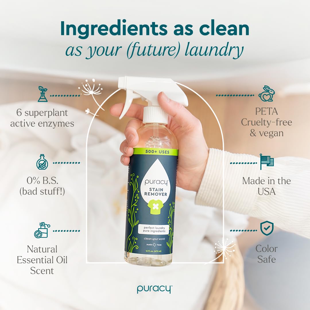 Puracy Stain Remover Spray, Natural Based Travel and Laundry Stain Cleaner for Clothes, Baby Essentials, Kids Stains, Oil and Fabric Spot Cleaner (Unscented, 12 oz)