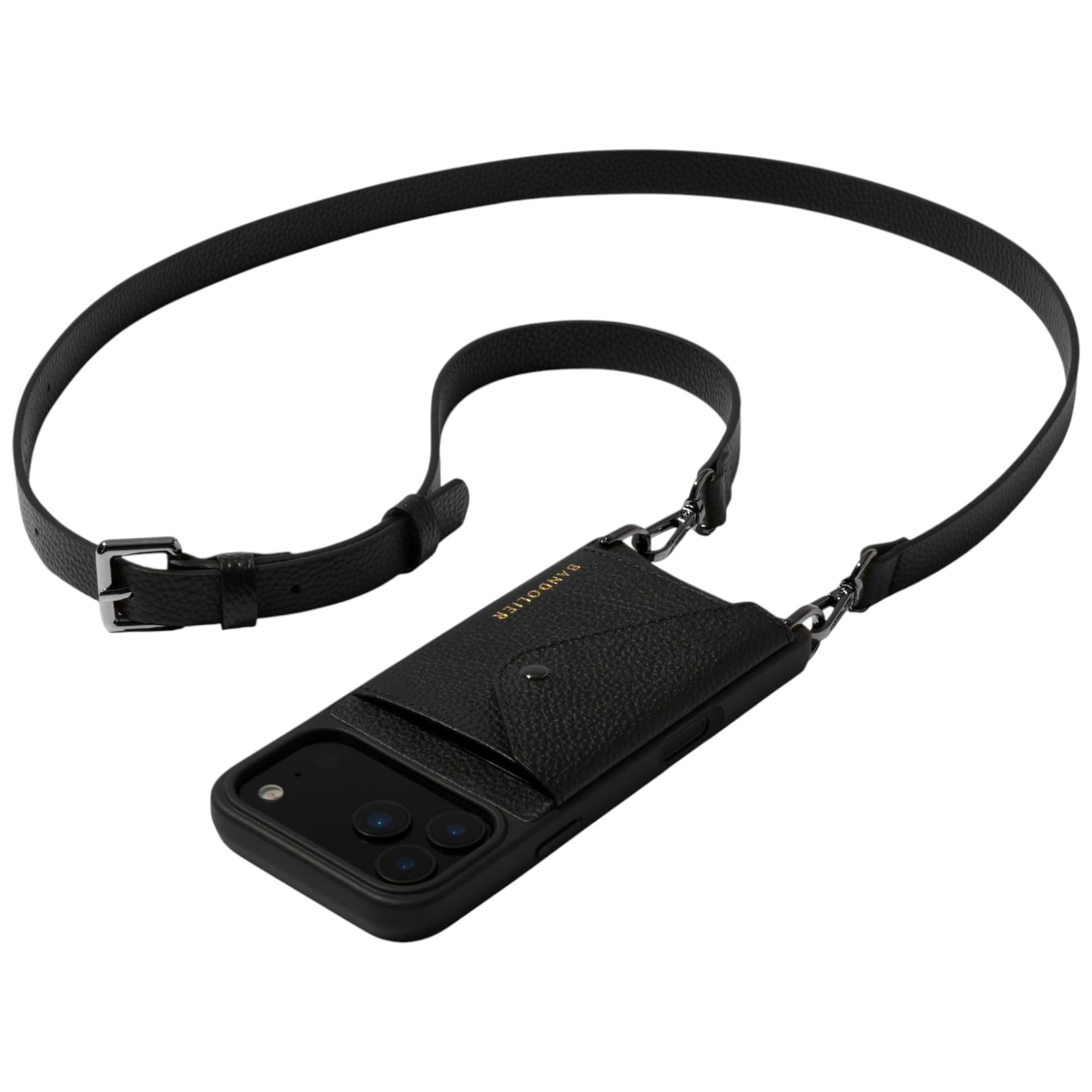 Bandolier Hailey Crossbody Wallet Phone Case for iPhone 17 Pro Max. 100% Genuine Pebble Leather with Pewter Hardware. Adjustable & Removable Strap Flip Card Holder. Black with Pewter Hardware