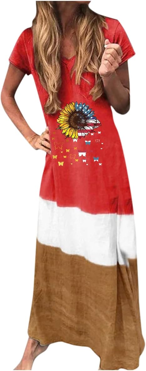 Kaitobe 4th of July Dress for Women Color Block Sunflower Print Summer Dresses Short Sleeve 