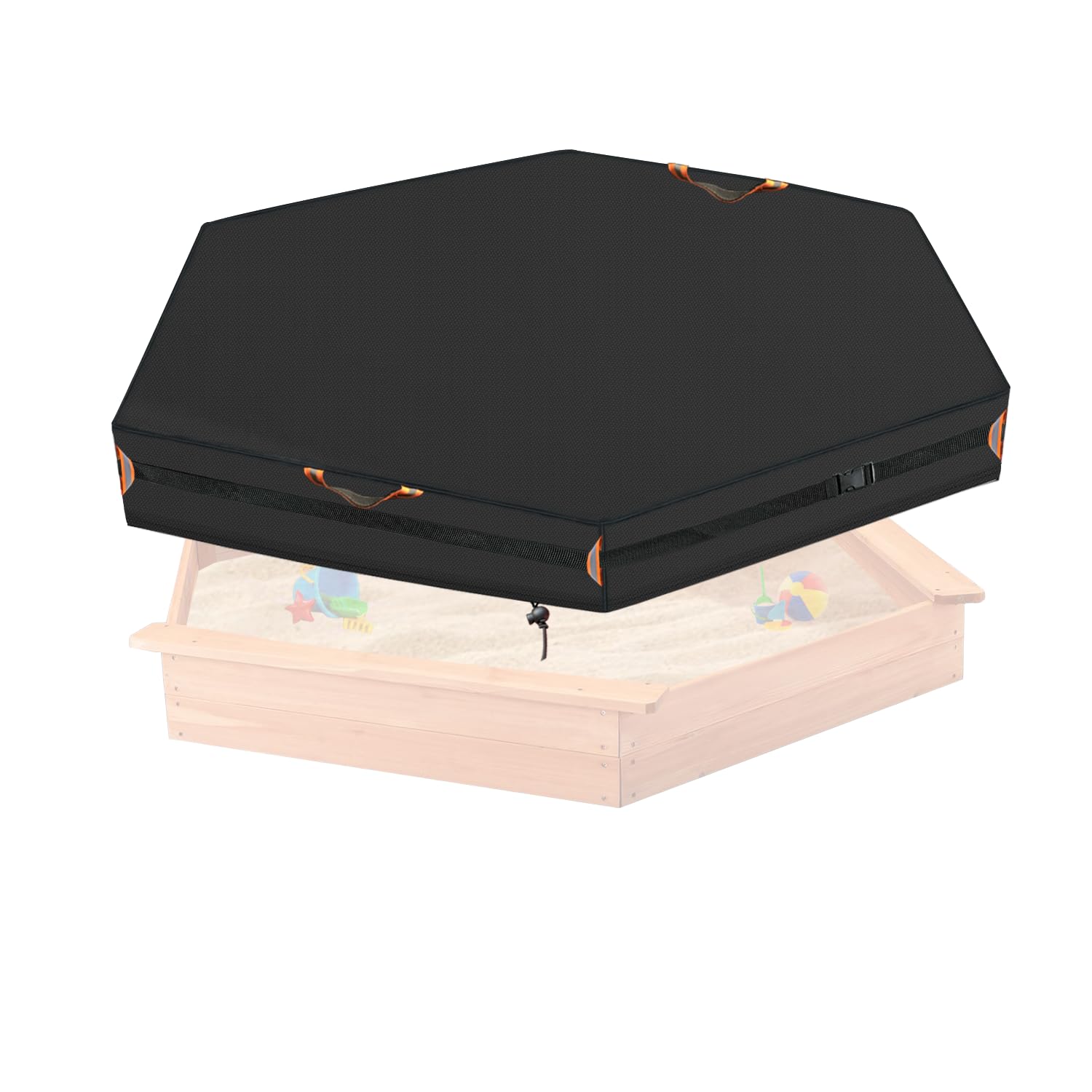Photo 1 of Outdoor Hexagonal Sandbox Cover with Two Night-Vision Reflective Handles and 5-Meter Webbing Loops, Featuring an Elastic Drawstring at The Bottom. Suitable for sandboxes up to 60“L x 52”W x 9" H.
