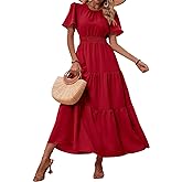PRETTYGARDEN Women's Summer Casual Short Flutter Sleeve Round Neck Smocked Waist Tiered Boho Floral Flowy Maxi Dress