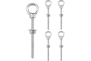 QWORK Eye Bolt, 5 Pack 1/4"x3" Stainless Steel Marine Grade Threaded Eyebolts, Lifting Ring Threaded Eyebolts with Nuts Washe