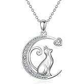 LWXIE Diamond Cat Necklace 925 Sterling Silver Moon Cat Pendant Necklace Cute Animal Jewelry Gifts for Women Cat Lovers