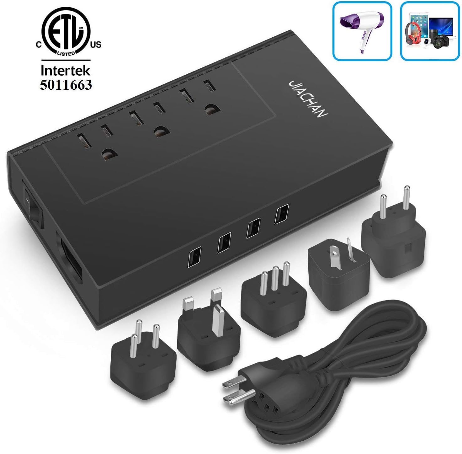 Voltage Converter Travel Adapter Universal 1875W Step Down 220V to 110V Jiachan with 4 Smart USB Charging Ports Inner Cooling Design Without Any Noise(Black)