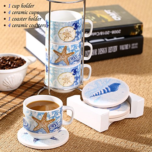 CEDAR HOME Coffee Ceramic Mug Saucers Set Porcelain Stacked Tea Cup With Holder and Plate 6oz., Set of 4, Blue