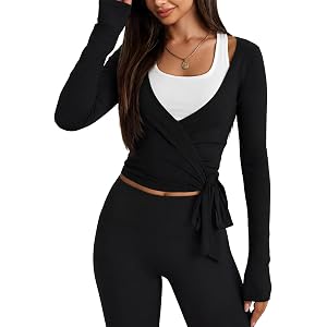 COPYLEAF Women Ballet Wrap Top Long Sleeve Crop Tops for Pilates | Softness, Stretchy, Trendy V-neck, Long Sleeve Top, Slim F