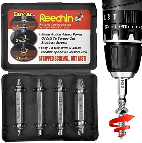 Damaged Screw Extractor and Remover Set by Reechin,Set of 4 Stripped Screw Removers, Speed Out Drill Bits Guide Set for Removal of Broken or Damaged Screws