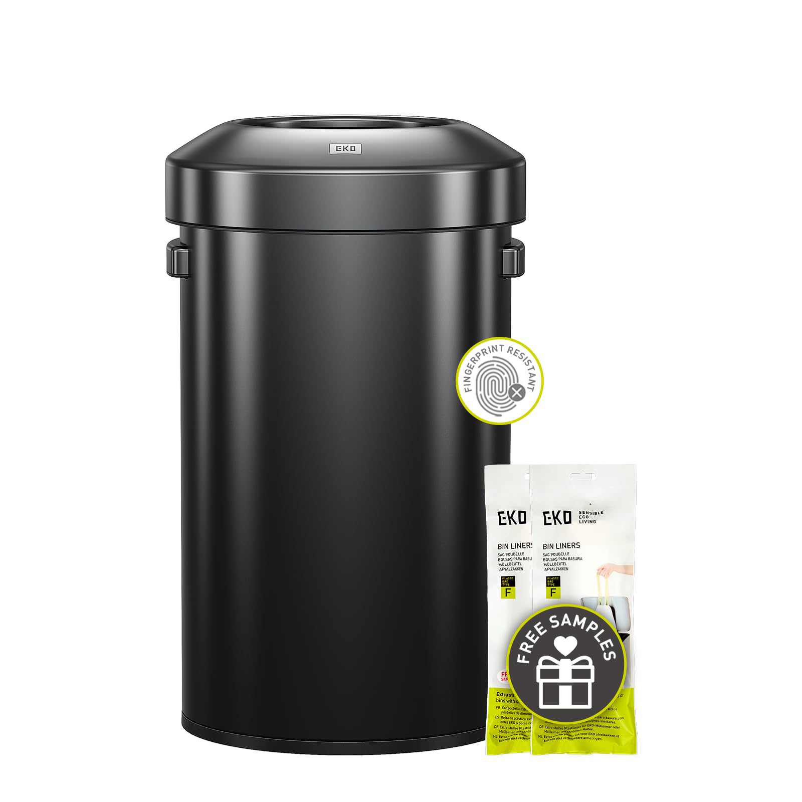 EKO 16-Gallon Round Black Stainless Steel Open Top Trash Can, Large Commercial Waste Bin with Detachable Lid and Carrying Handle, Brushed Metal Garbage Bin for Home, Office, Restaurant, Restroom