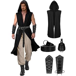 Rixgket Men’s Renaissance Costume Surcoat Set - 4PCS Medieval Hooded Sleeveless Cloak with Viking Belt Bracers for Halloween