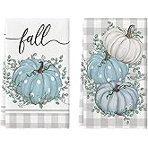 Artoid Mode Buffalo Plaid Eucalyptus Leaves Pumpkin Fall Kitchen Towels Dish Towels, 18x26 Inch Farmhouse Thanksgiving Decoration Hand Towels Set of 2
