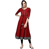 Yash Gallery Women's Cotton Slub Embroidered 3/4 Sleeve Round Neck Anarkali Kurtis For Summer