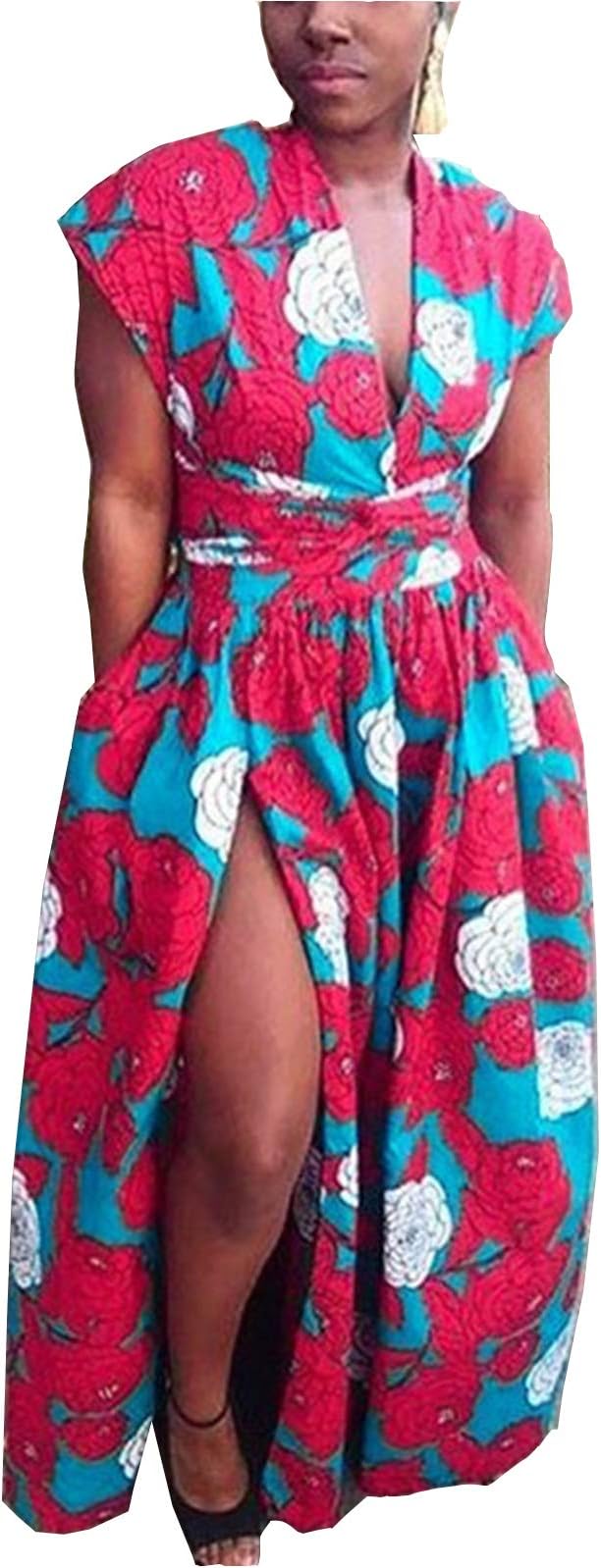 FEIYOUNG Women's Sexy Dashiki Floral Printed Side Slit Long Maxi Dresses Bohemian High Waist Vestidos