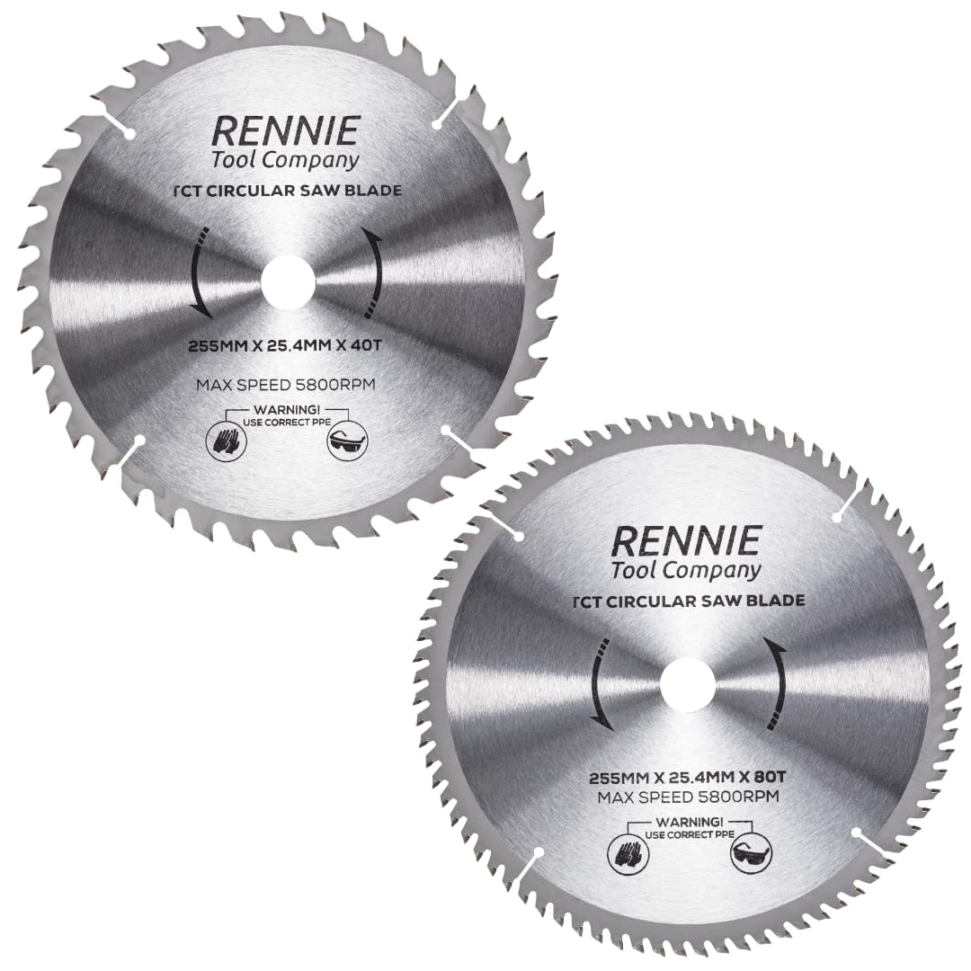 Rennie Tools 2 Pack - 255mm x 40T & 80T x 25.4mm Bore TCT Circular Wood Saw Blades Fits Evolution & Rage Saws