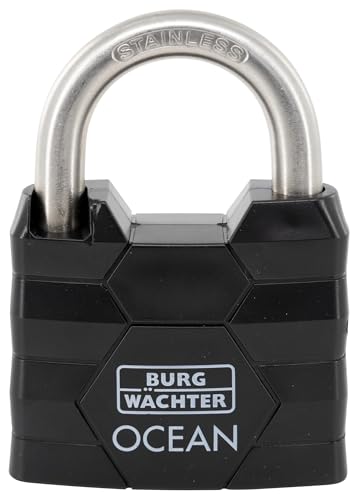 Burg-Waechter Padlock with 2 Keys, 8 mm Shackle Thickness, Marine Waterproof, Solid Brass Body, Double Locked, Ocean 490 Ni 50 SB, Black