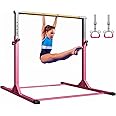 MEKETUM Gymnastic Kip Bar for Kids Training Horizontal Bars for Home Ages 3-15 Adjustable Height Non-Slip Gym Equipment Indoor with Rings