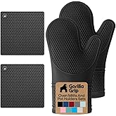 GORILLA GRIP BPA-Free Soft Silicone Oven Mitts and Pot Holders Sets of 4, Heat Resistant Waterproof Cooking Gloves, Thick Cotton Lining, Flexible Gripping for Baking Grilling, Kitchen Trivets, Black