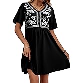 Dokotoo Womens Dresses Summer Casual V Neck Boho Floral Print Short Sleeve Babydoll Mini Dress A Line Beach Vacation Clothes