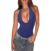 REORIA Bodysuits for Women Halter Tops 2025 Summer V Neck Backless Body Suits Tank Top Trendy Fashion Clothing