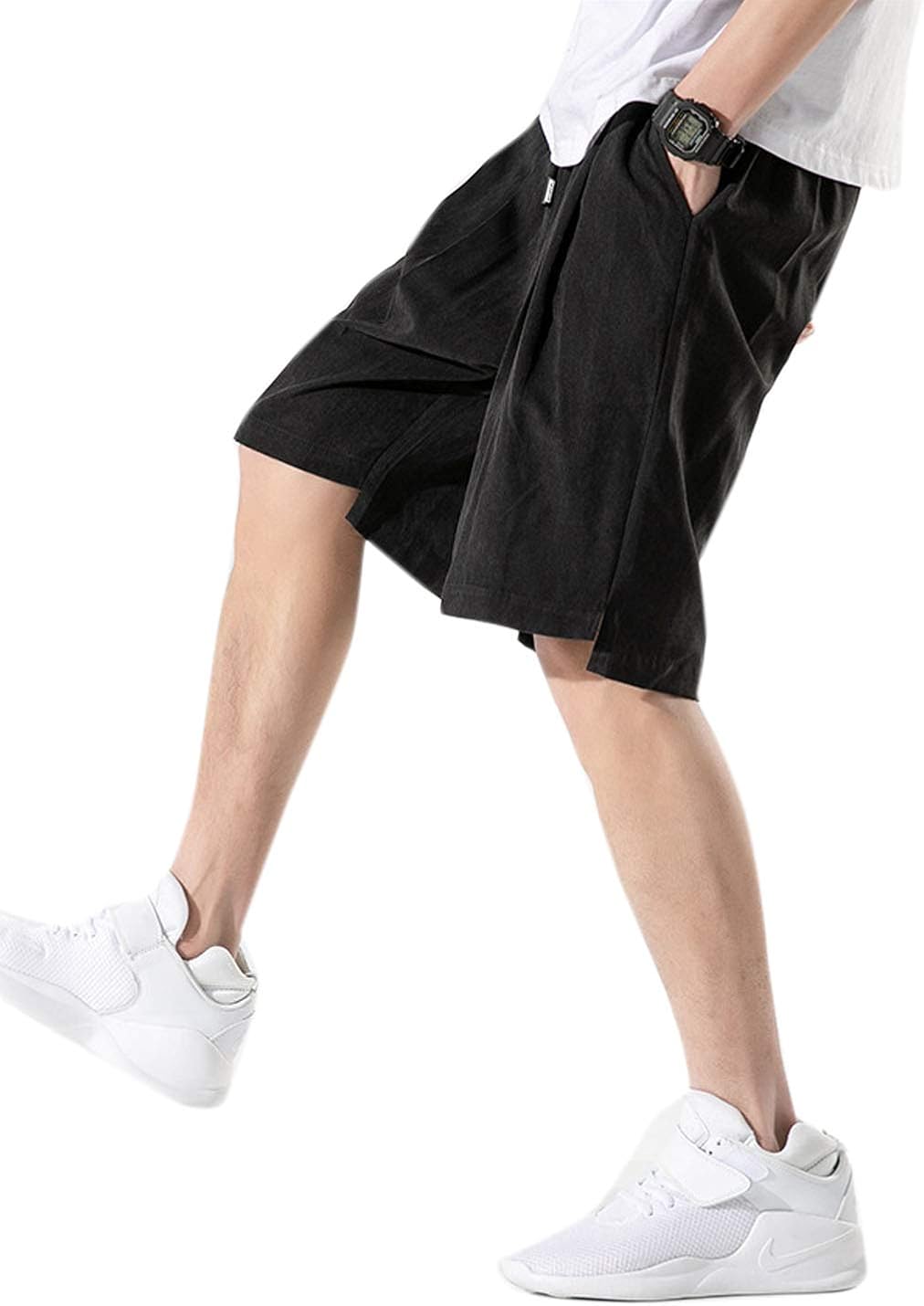 Flygo Men's Pleated Front Casual Cotton Shorts Loose Summer Beach Shorts with Pockets at  Men’s Clothing store