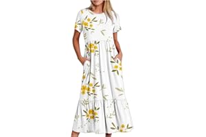 LEHOZIHEQ Summer Dress for Womens Short Sleeve Long Maxi Dress Plus Size Boho Floral Print Dresses with Pockets