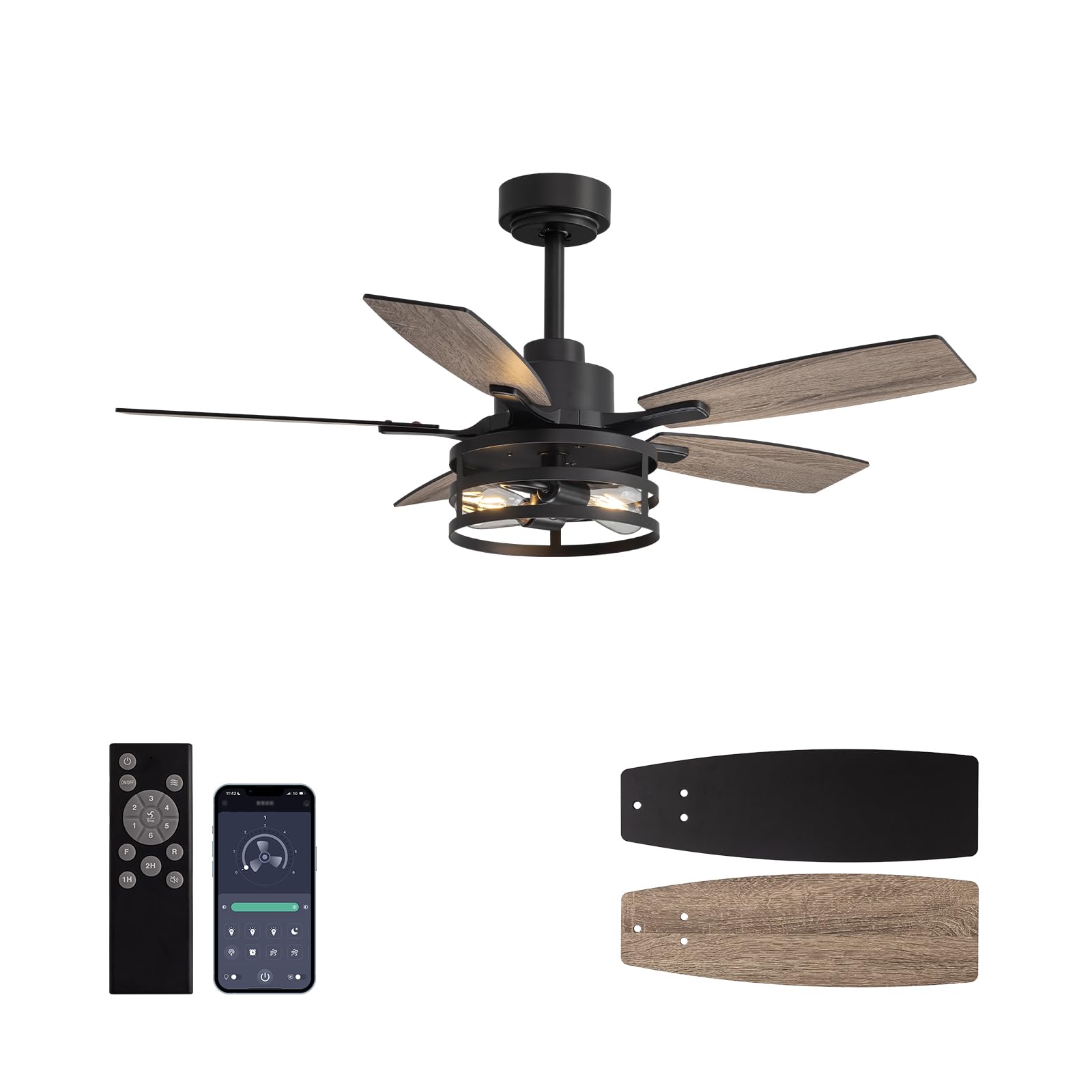 Photo 1 of Nuoqiso 42 Inch Ceiling Fans with Lights and Remote Control, Farmhouse Ceiling Fan with LED Lighting for Bedroom Living Room and Patio, Black Caged Ceiling Fan for Indoor and Outdoor(NO Bulbs)