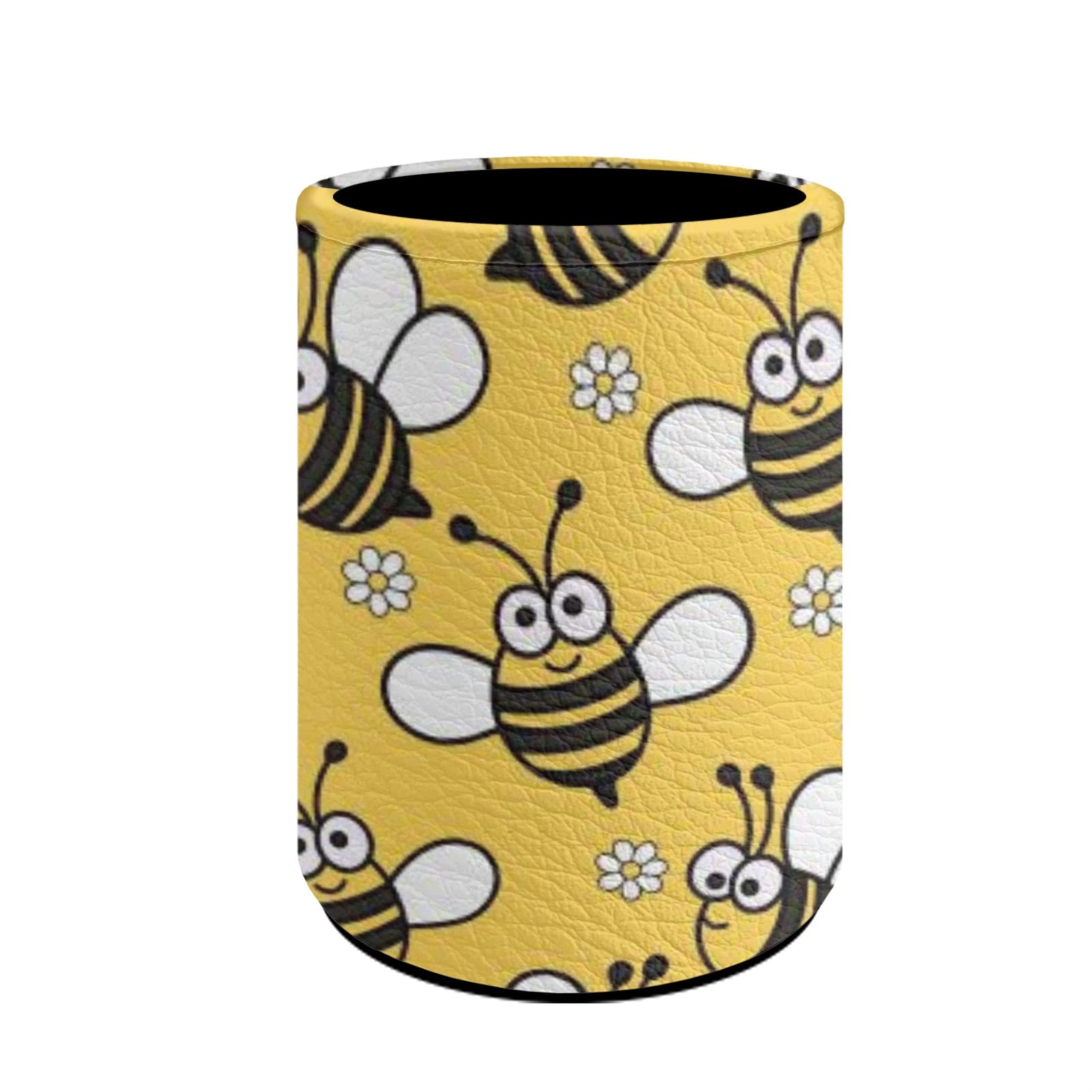 Coloranimal Yellow Bee Print Pencil Holders for Kids Child，PU Leather Pen Cup Bin Makeup Brush Holders Case