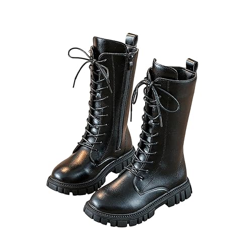 Girls Lace Up Riding Boots Mid Calf Combat Boots PU Leather Waterproof Fall Winter Side Zipper Punk Goth Boot Fashion Punk Non Slip Cowgirl Fleece Lined Solid Color Black, 9 Little Child