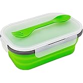 Green Food Grade Silicone Lunch Container Bento Box, Collapsible Food Storage Containers with Airtight Lids and 2in1 Fork, Reusable Food Container for Travel Camping, 1000ml Microwave Container