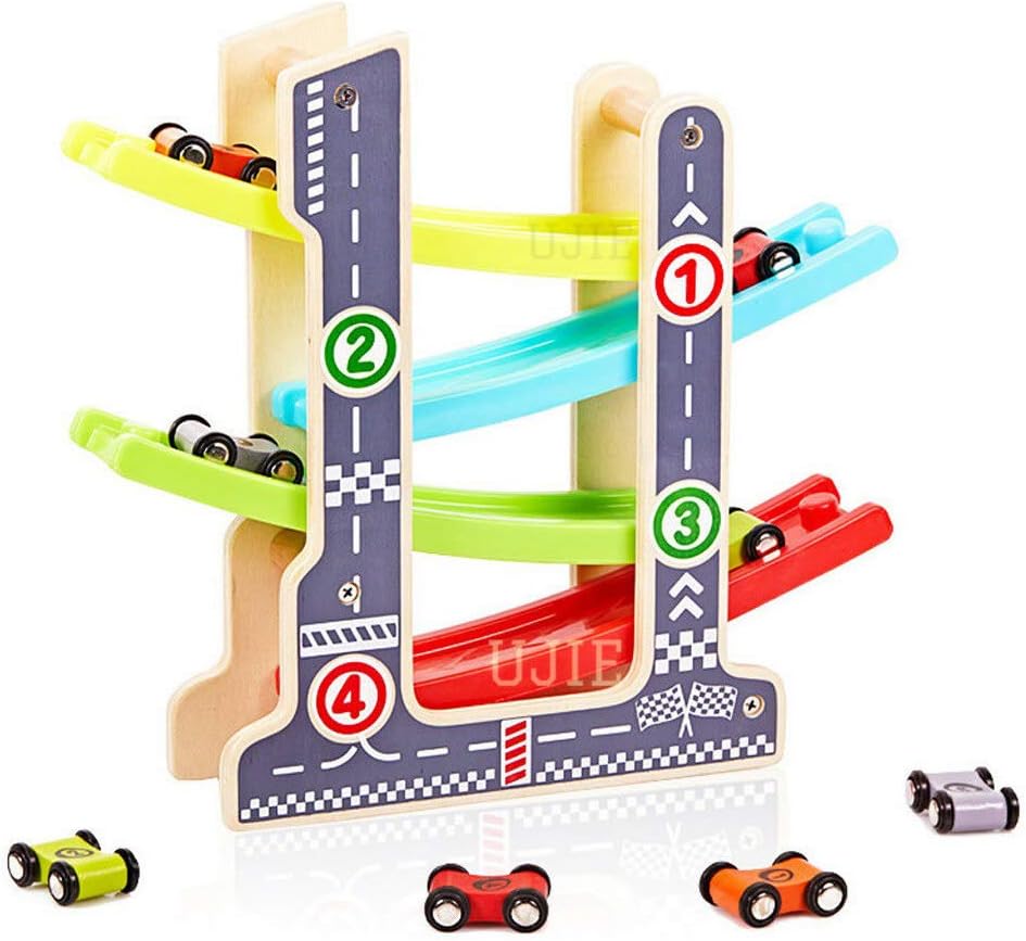 UJIE® 4 Level Wooden Ramp Racer Track with 4 Mini Wooden Car