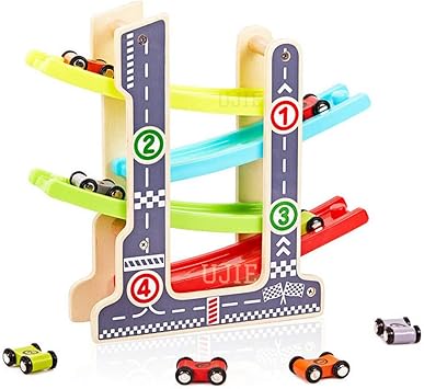 UJIE 4 Level Wooden Ramp Racer Track with 4 Mini Wooden Car