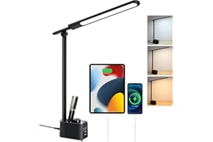 Lightess LED Desk Lamp with 2 USB Charging Ports, 50 Lighting Modes Dimmable Desk Light with Pen Holder and Clock, Foldable Desk Lamp for Home Office Home Office Reading(Black)