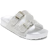 H2K Womens Glitter Double Buckle Adjustable Comfort Slip On Slides Sandals Espen