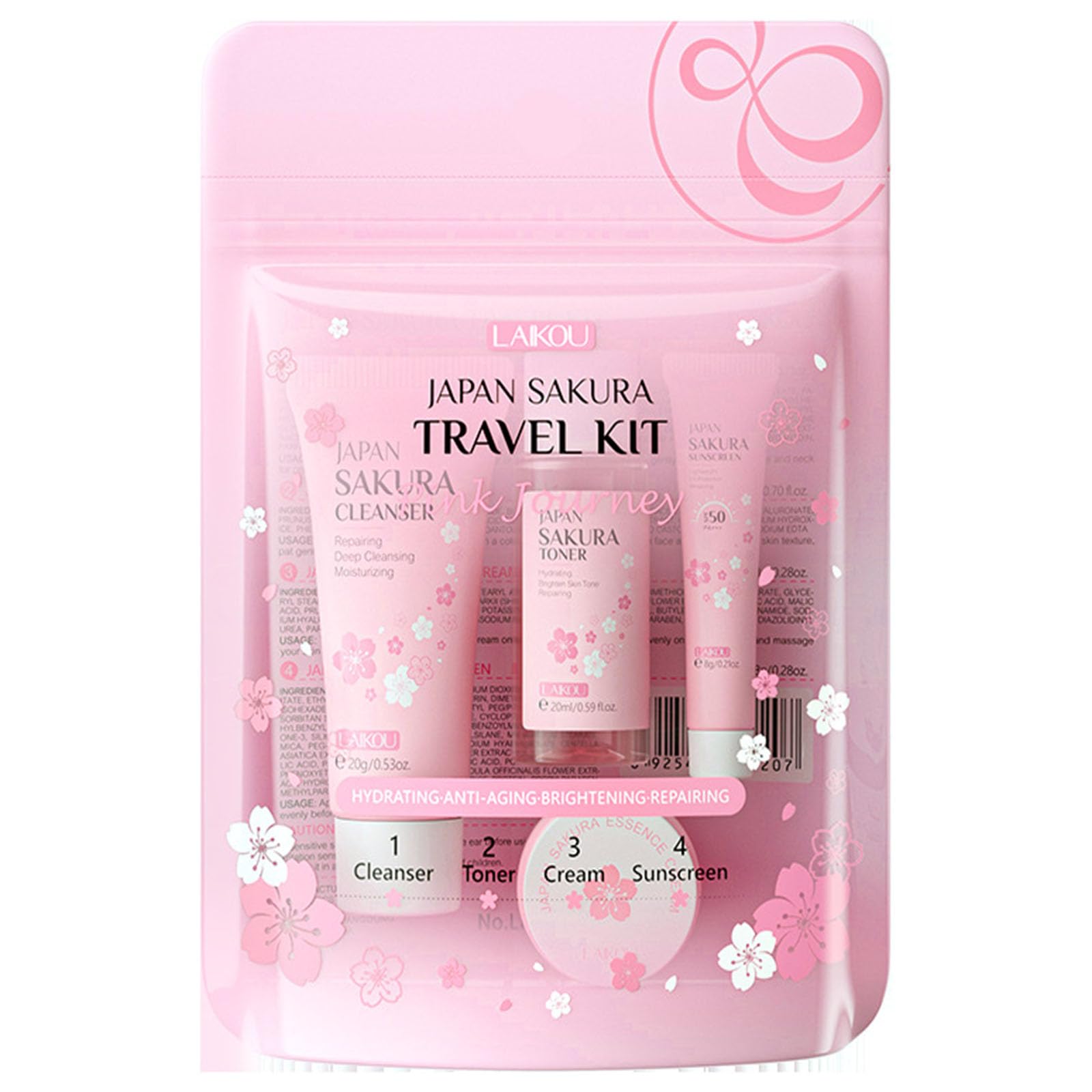 Sakura Travel Skincare Set for Teenage Girls - Face Routine Set for Women,4 Piece Gentle Skin Cleaning & Care Travel Size Kit With Cleanser, Toner, sunscreen and Face Cream