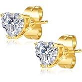 18K Gold Plated 7mm Round Cubic Zirconia Stud Earrings for Women, 4-Prong CZ Earrings, Hypoallergenic Copper, Gift for Birthday Anniversary