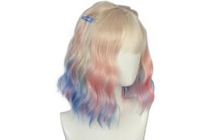 QHQ-SHININGLIFI Unicorn Wave Hair Wig with Pink Blue Ombre Highlights & School Girls Bangs, for Women Costume Party Accessory, Perfect for Cosplay & Halloween, Free Hair Net