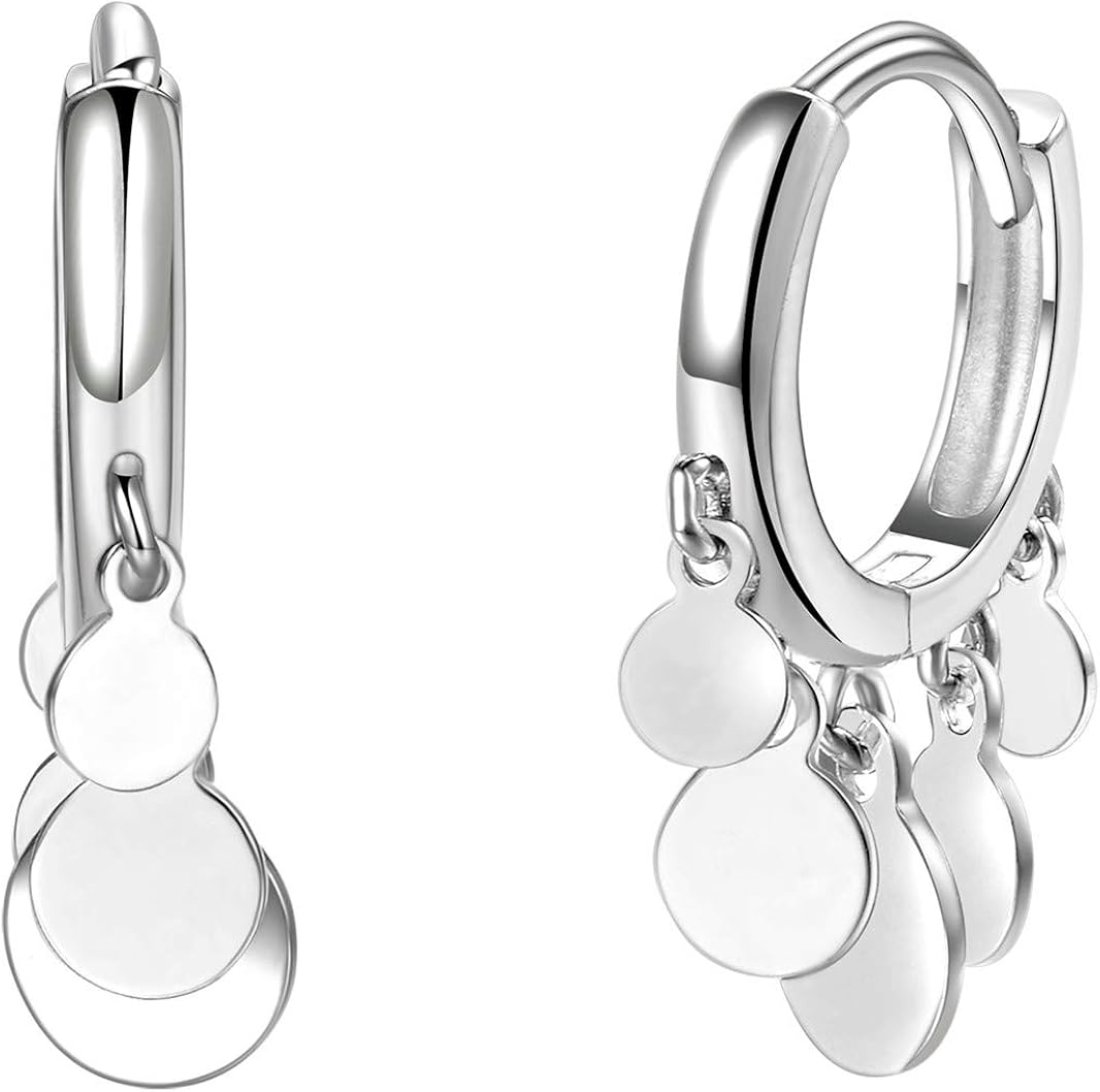 Coin Cluster Drop Mini Hoop Earrings [.925 Sterling Silver] - Dangle Disc Charms