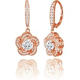 Hoops &amp; Loops Sterling Silver Cubic Zirconia Flower Swirl Dangle Leverback Earrings for Women, Silver, Yellow &amp; Rose Gold