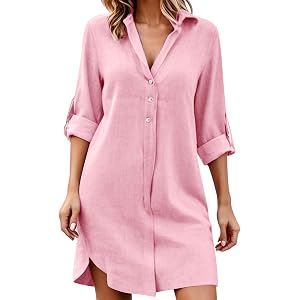 Womens Button Down Shirt Dresses Linen Cotton Button Up Roll Up Long Sleeve Solid Color Side Split Lapel Dresses